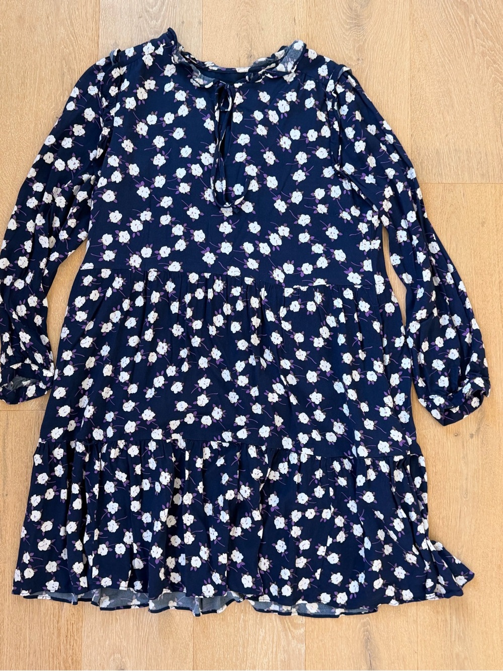 J. Crew Navy Floral Tie-Neck Tiered Mini Dress